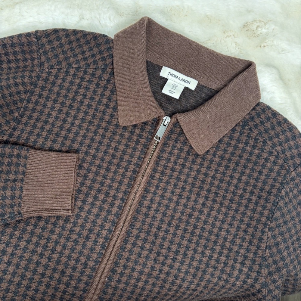 Thom Aaron Mens Brown Houndstooth Full Zip Knit Sweater Jacket Collared Small